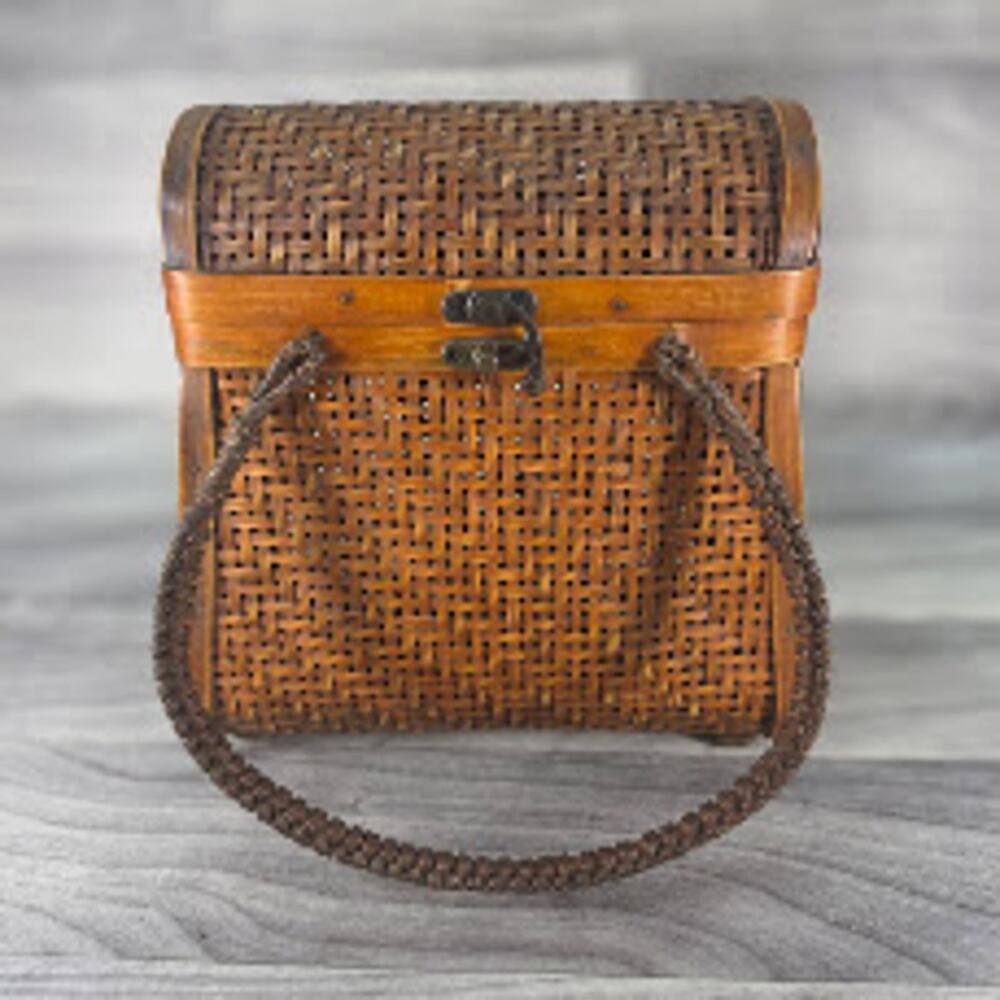 Vintage 90s Woven Bamboo Wicker Box Purse Double Handles Brass Latch Feet